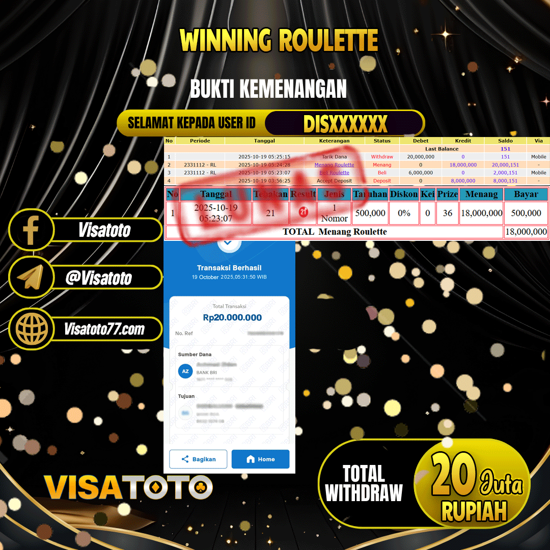 VISATOTO JACKPOT LIVE GAMES ROULETTE RP.20.000.000,- LUNAS USER ID DIS***