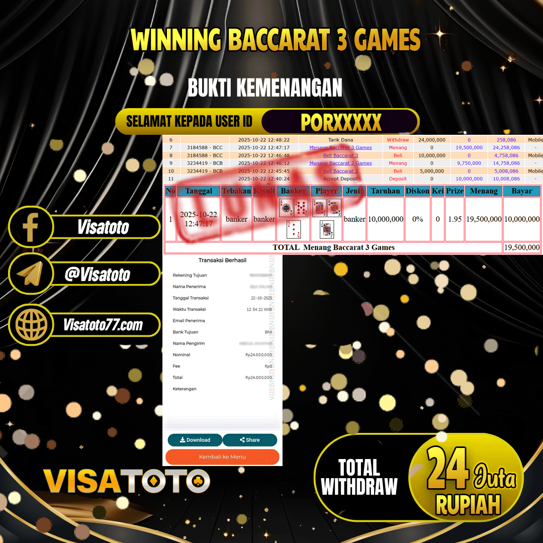 VISATOTO JACKPOT LIVE GAMES BACCARAT 3 GAMES RP.24.000.000,- LUNAS USER ID POR***