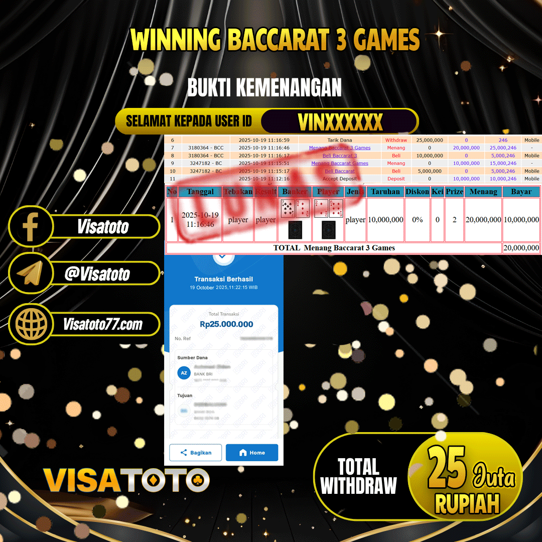 VISATOTO JACKPOT LIVE GAMES BACCARAT 3 GAMES RP.25.000.000,- LUNAS USER ID VIN***