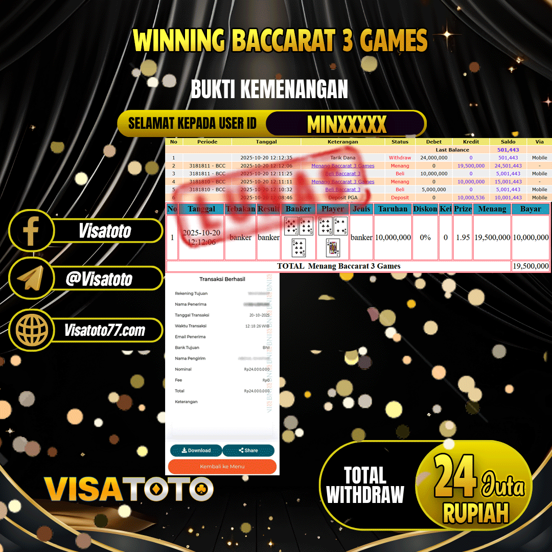 VISATOTO JACKPOT LIVE GAMES BACCARAT 3 GAMES RP.24.000.000,- LUNAS USER ID MIN***