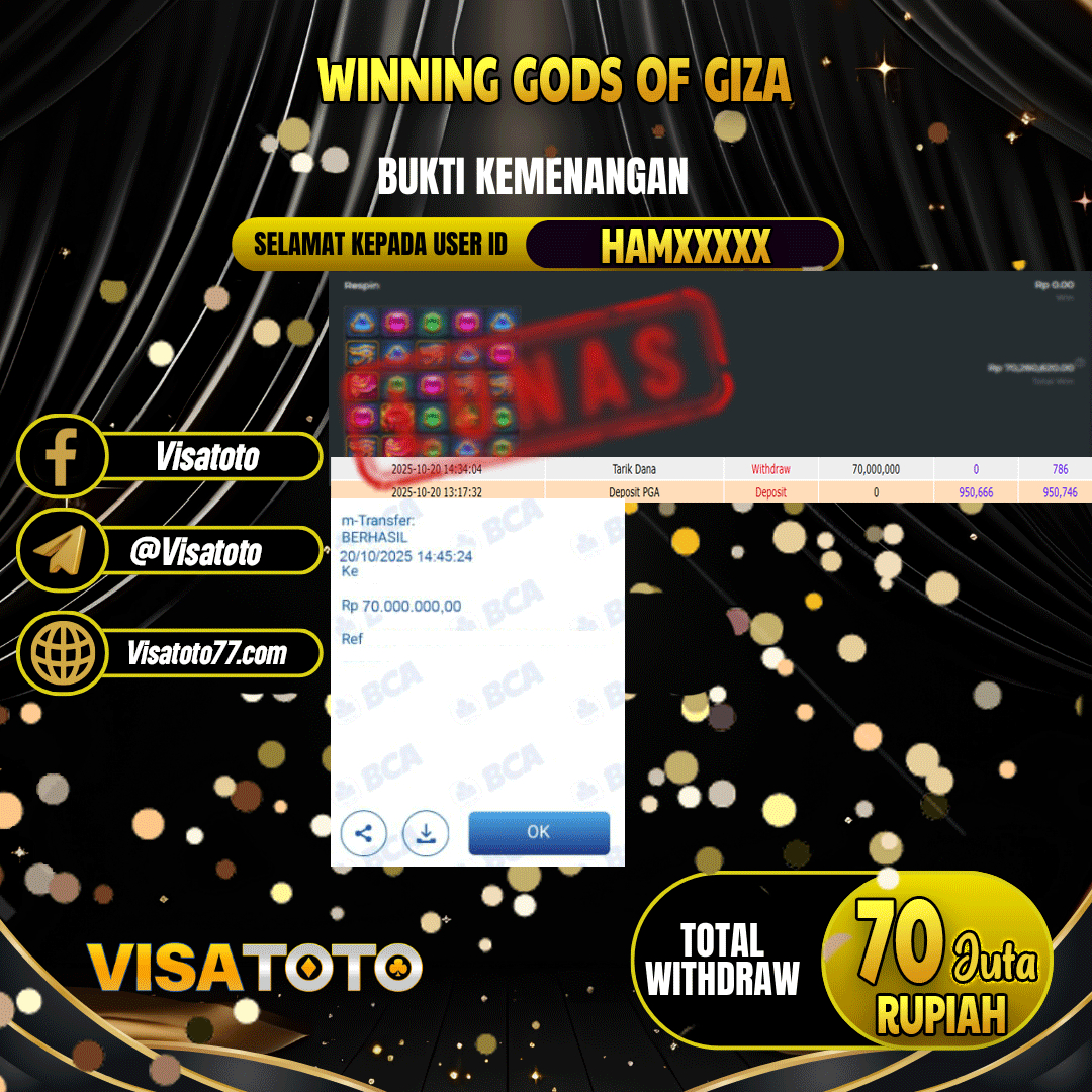 VISATOTO JACKPOT SLOT GODS OF GIZA RP.70.000.000,- LUNAS USER ID HAM***