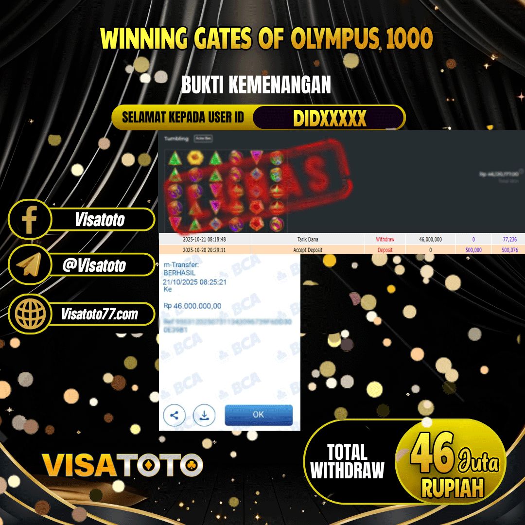 VISATOTO JACKPOT SLOT GATES OF OLYMPUS 1000 RP.46.000.000,- LUNAS USER ID DID***