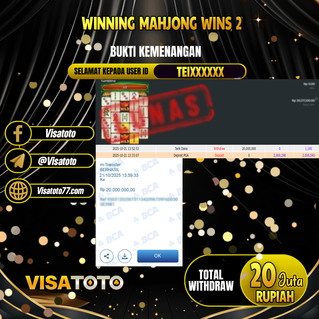 VISATOTO JACKPOT SLOT MAHJONG WINS 2 RP.20.000.000,- LUNAS USER ID TEI***